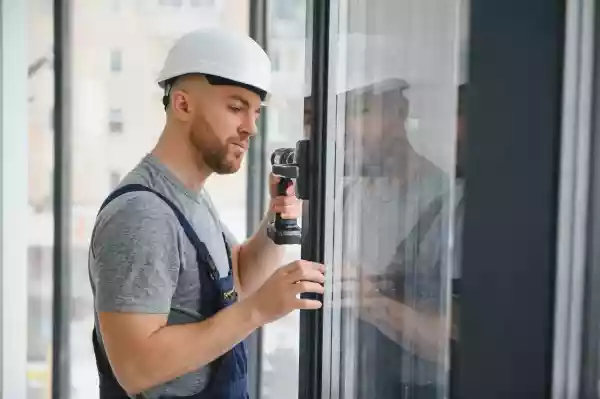 Un menuisier poseur qui ajuste les réglages d'une porte fenêtre.