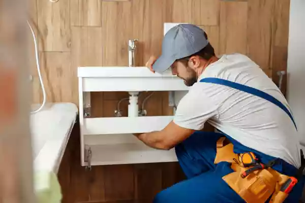 Un plombier posant un meuble vasque dans une salle de bain